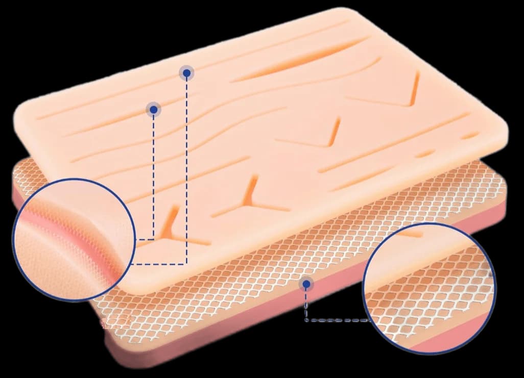 Close-up of reinforced mesh layers in a suture training pad