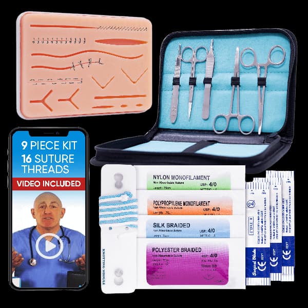 Complete suture practice kit with instruments laid out for training